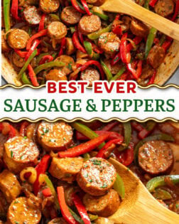 A collage of Sausage and Peppers in a skillet.