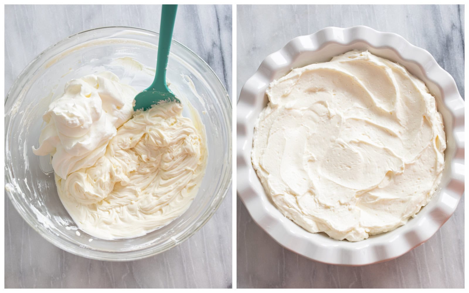A bowl of whipped cream and cream cheesecake filling next to a pie pan with them combined together for cheesecake dip.