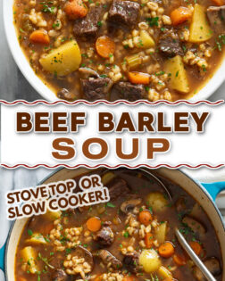 A labeled collage of Beef Barley Soup in a soup bowl and in a soup pot.
