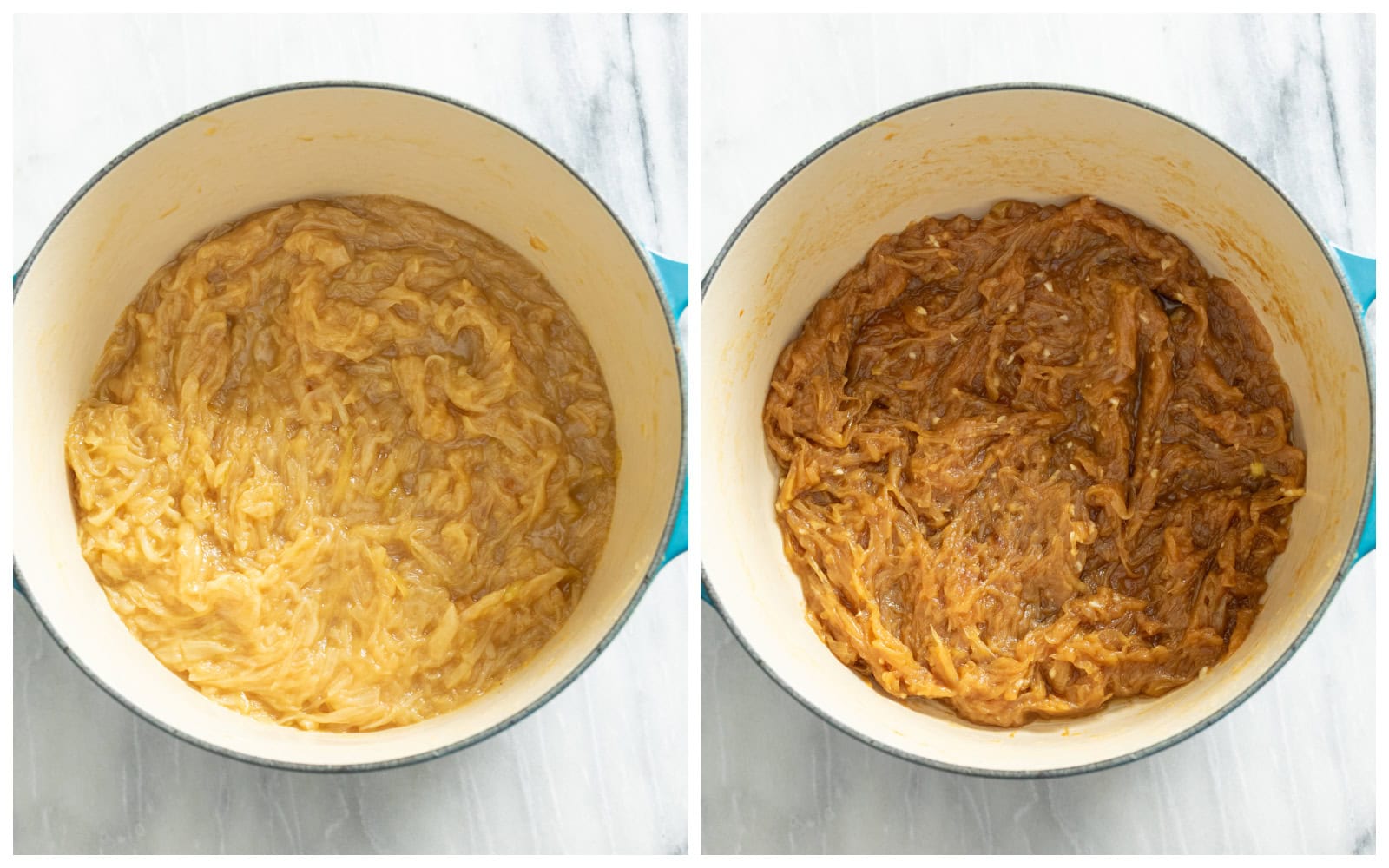 A pot of onions that have started to caramelize next to a pot of onions that are fully caramelized.